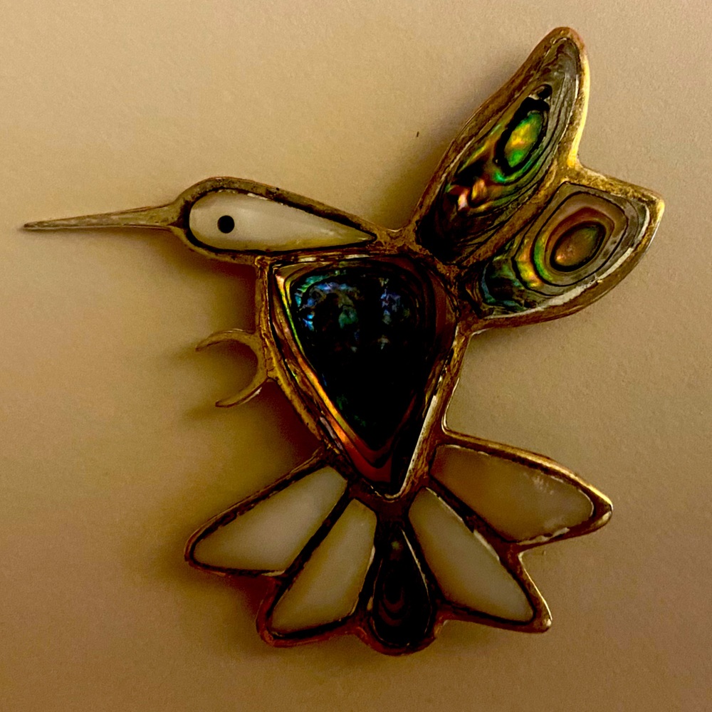 Vintage Alia Mexico Silver & Inlaid Abalone Hummingbird Brooch/Pendant Combo -